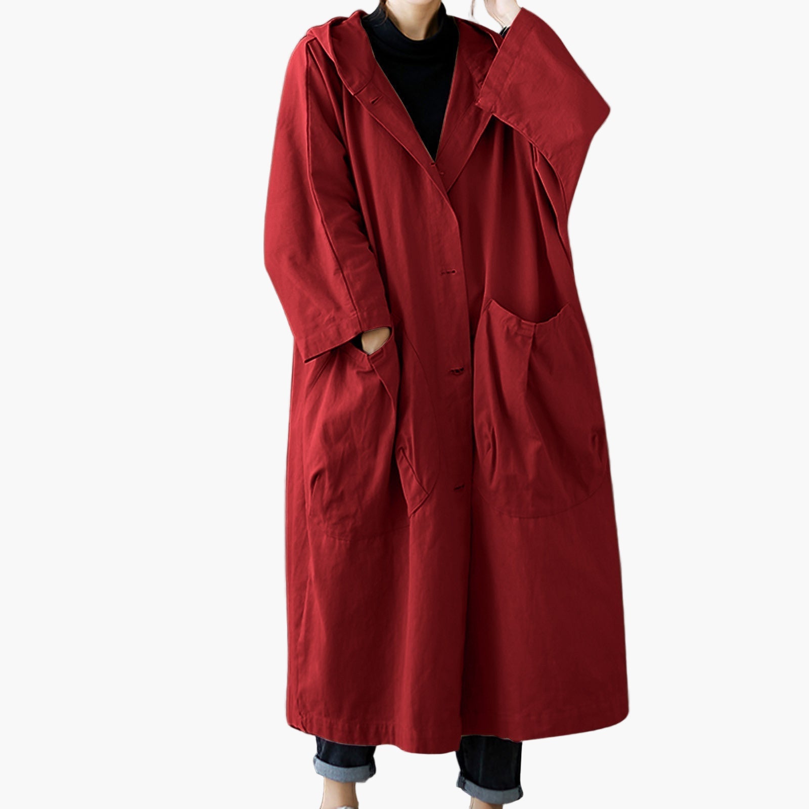 Women's Oversized Windproof Trench Coat with Hood and Large Pockets – Fashionable Long Jacket for Outdoor & Casual