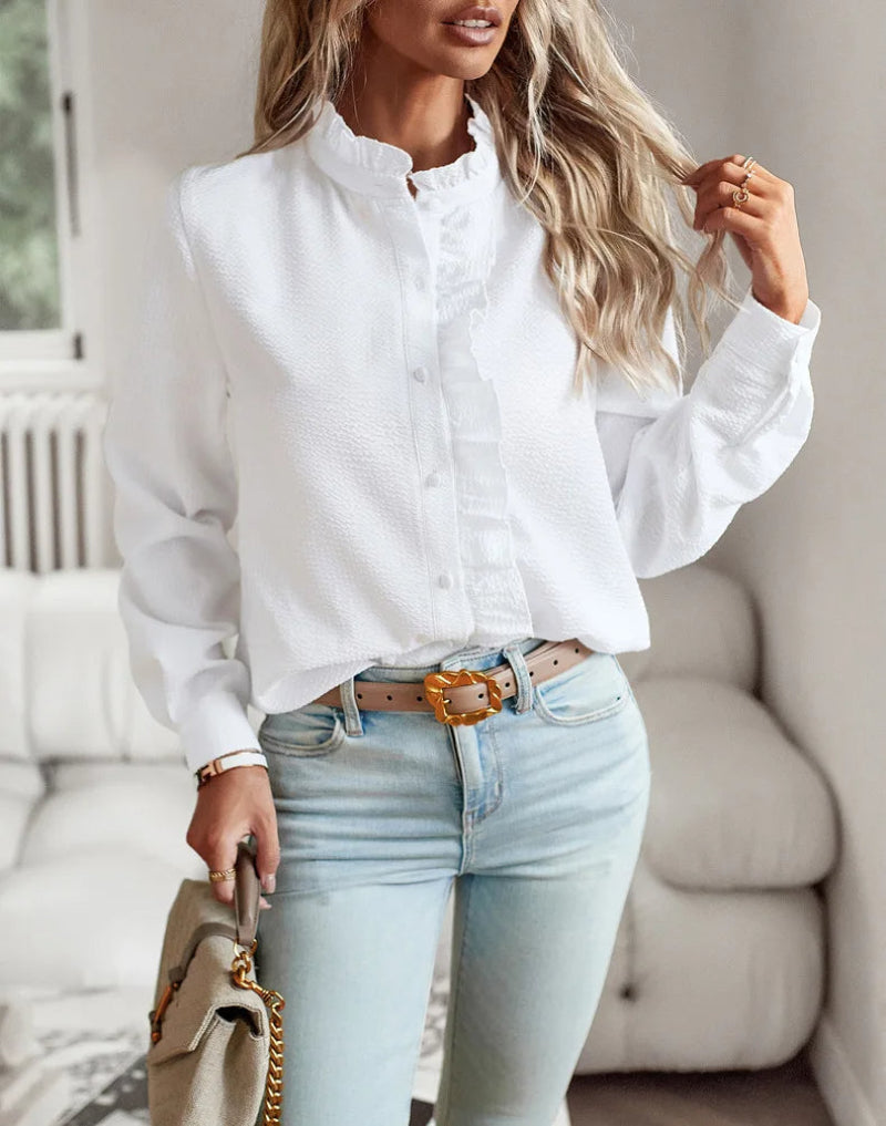 Ladies Chic Ruffle Blouse – Casual & Business, Fashionable Long Sleeves