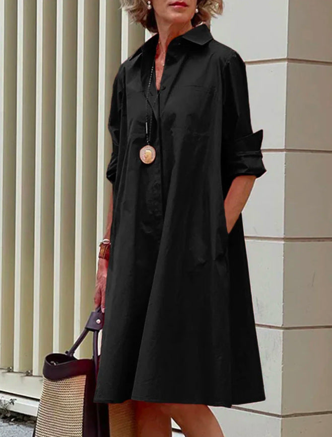 Women's Shirt Dress with Loose Silhouette and Rolled-up Sleeves