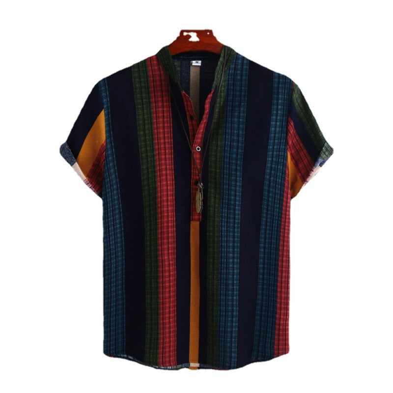 Cameron – Ethnic Style Striped Cotton-linen Shirt with Standard Collar