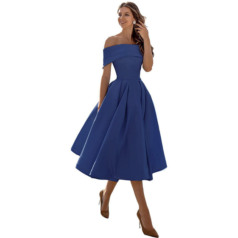 Ladies Off-Shoulder Cocktail Dress with Elegant Pleated Skirt