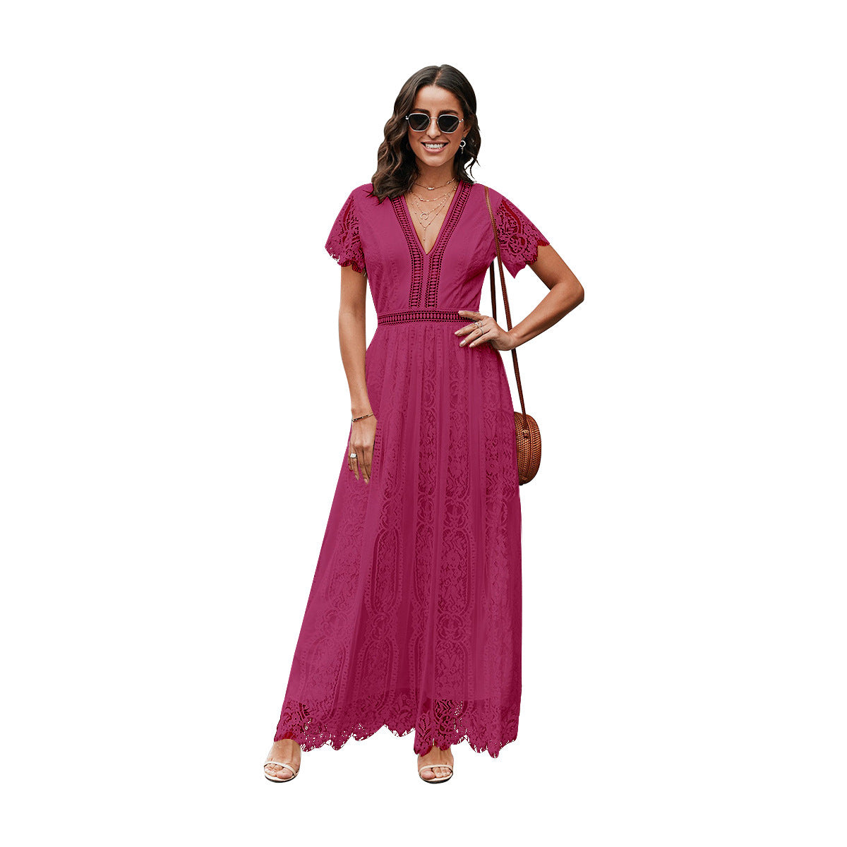 Amelia – Elegant Long Dress with Lace and Short Sleeves
