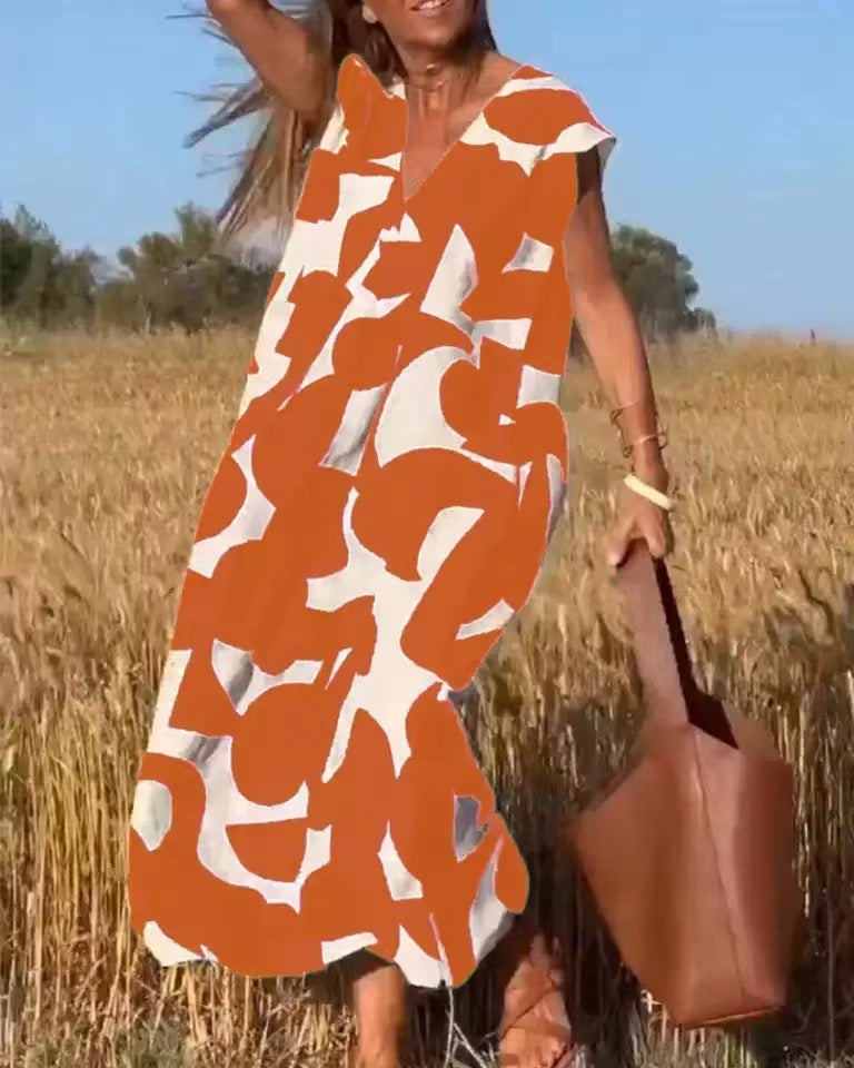 Women's Summer Maxi Dress with Graphic Design – V-Neck and Loose Fit