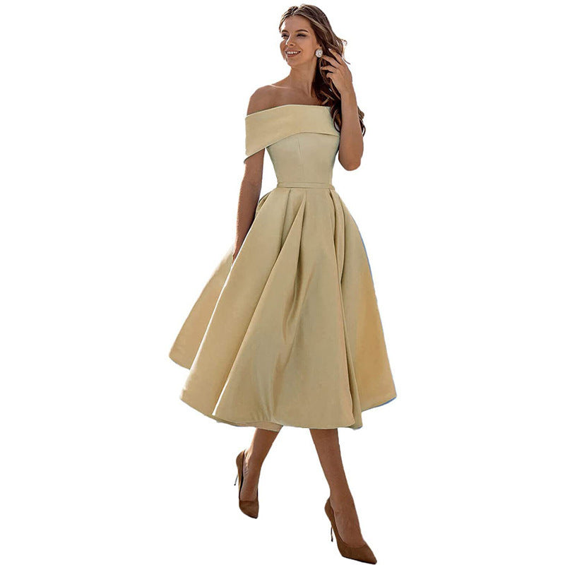 Ladies Off-Shoulder Cocktail Dress with Elegant Pleated Skirt
