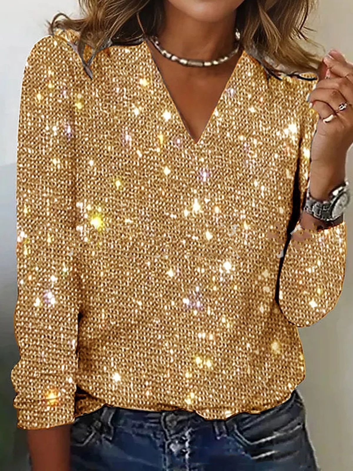Caroline – Trendy Women's Glitter V-Neck Blouse with Long Sleeves for Spring and Summer