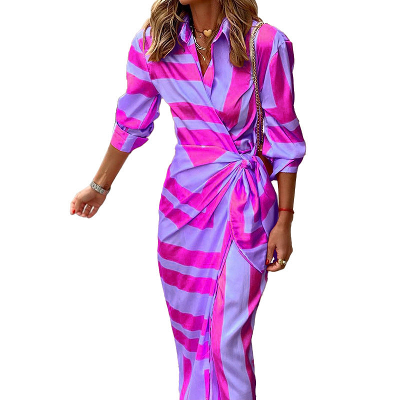 Stylish women's wrap dress with bow detail and long sleeves for summer