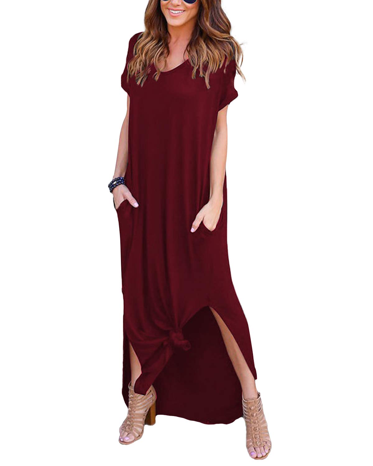 Women's Loose Maxi Dress with V-Neck – Casual Long Summer Dress with Short Sleeves