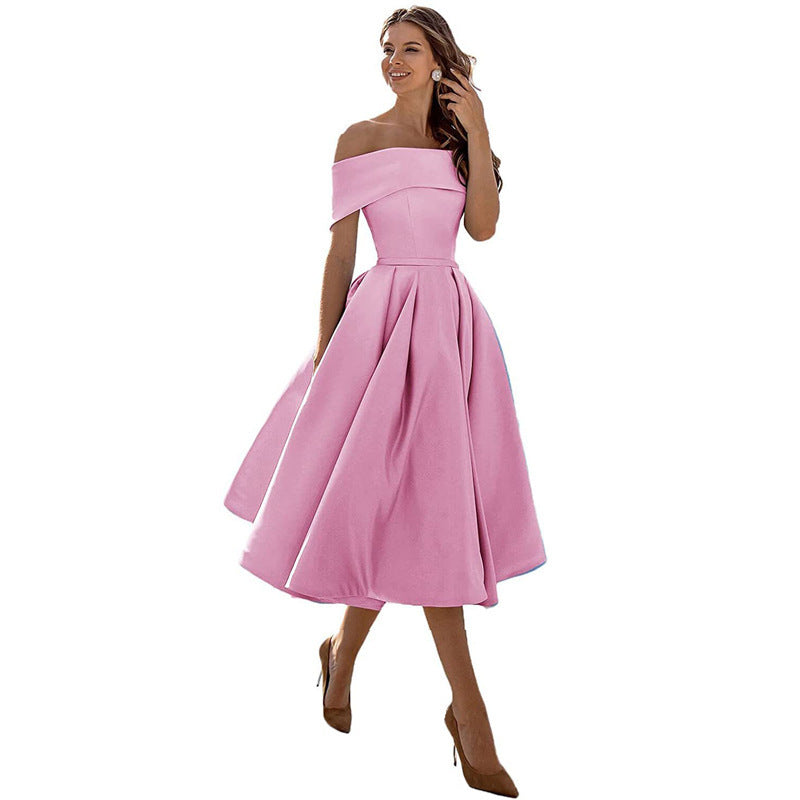 Ladies Off-Shoulder Cocktail Dress with Elegant Pleated Skirt
