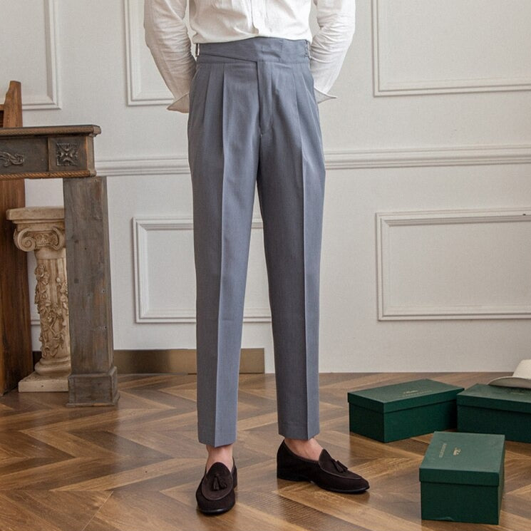 Men's High Waist Custom Pants – Classic Pleated Trousers with Buckle Closure, Business and Formal Style