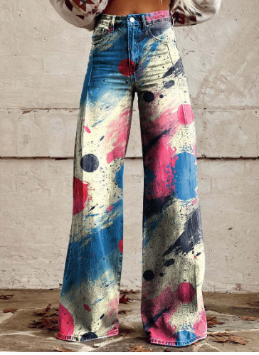 Charlotte – Printed High Waist Imitation Denim Wide Pants