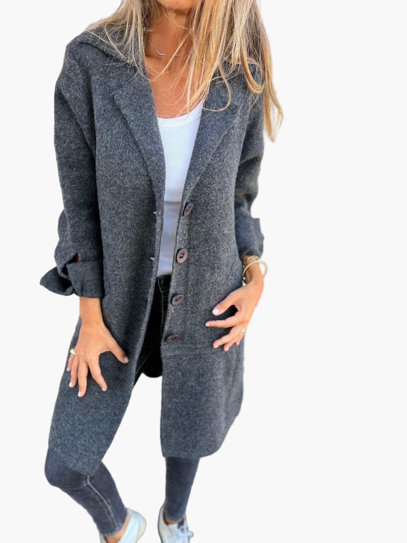 Women's Long Casual Coat With Rolled-Up Sleeves - Stylish Mid-Season Jacket For Every Occasion