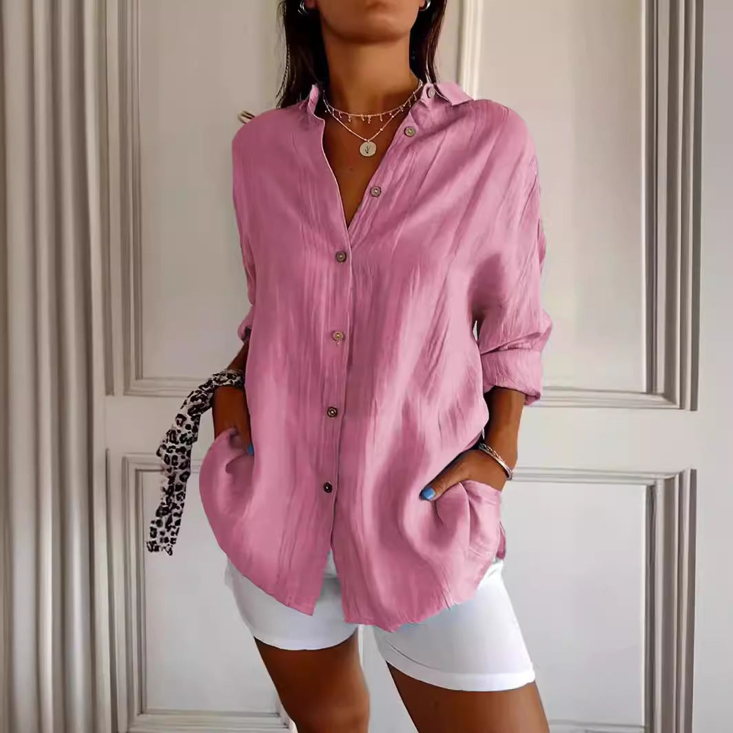 Women's blouse with long sleeves – loose-fitting button-down tunic top for daily use