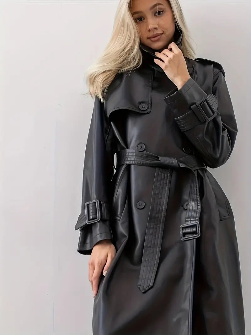 Women's Long Trench Coat – Fashionable Leather Jacket with Belt and Double Closure