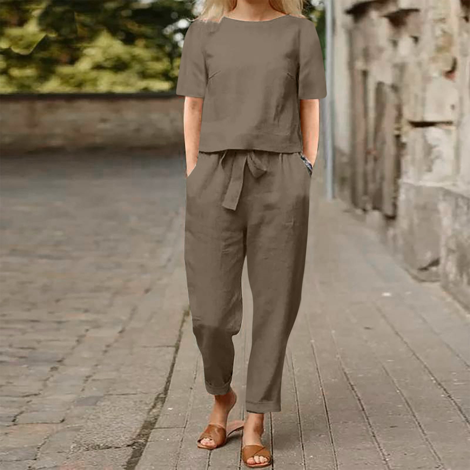 Women's Two-Piece Set with Pants – Minimalist Casual Outfit for Summer and Leisure Time