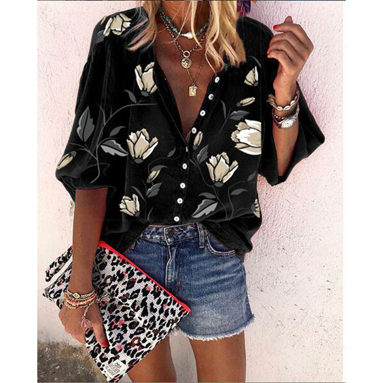 Women's Loose-Fitting Floral Blouse with Button Closure – Casual Boho Summer Look