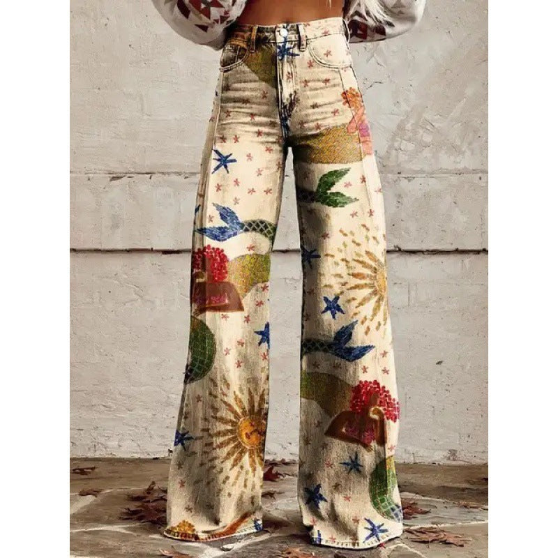 Charlotte – Printed High Waist Imitation Denim Wide Pants