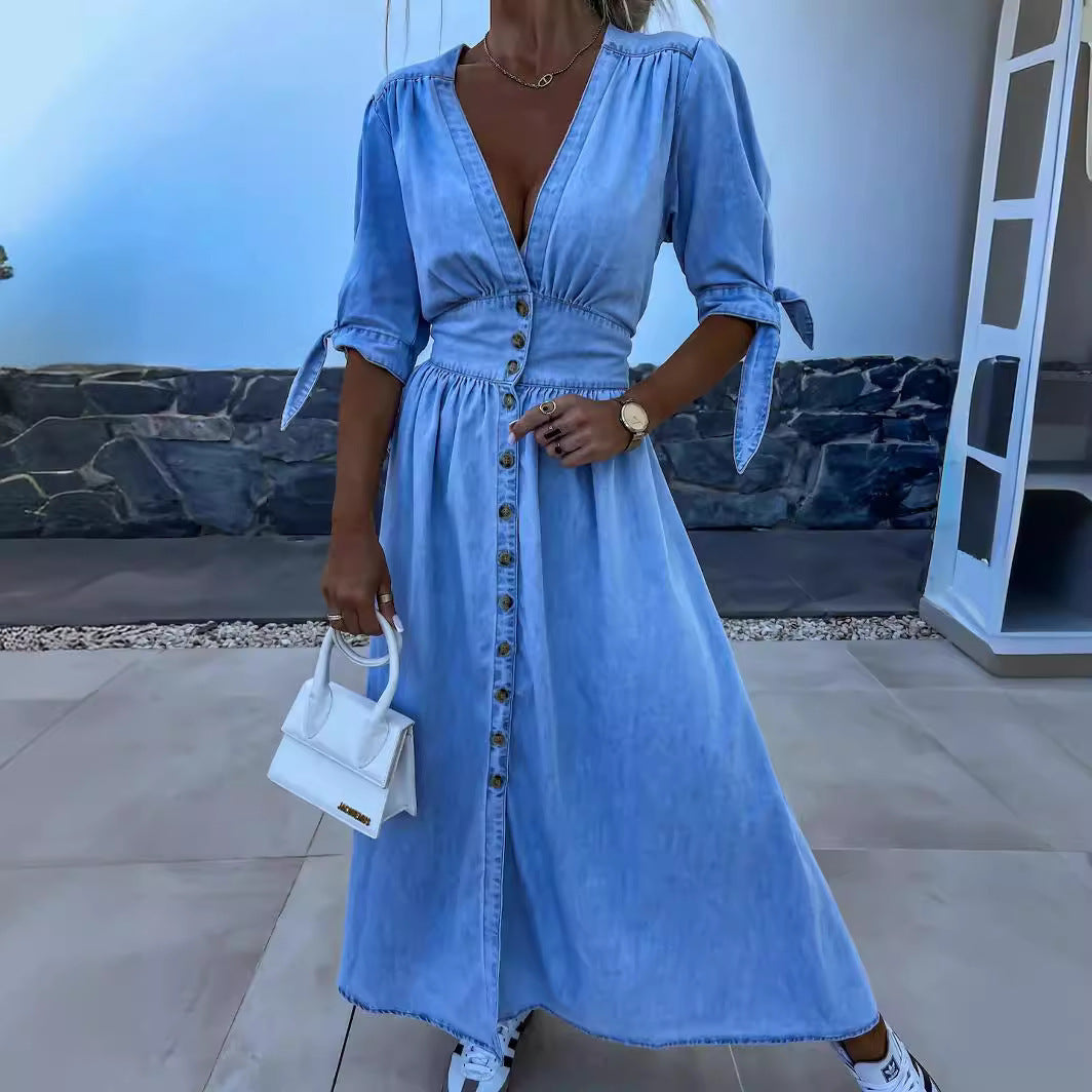 Carol – Trendy V-neck Denim Dress for Women
