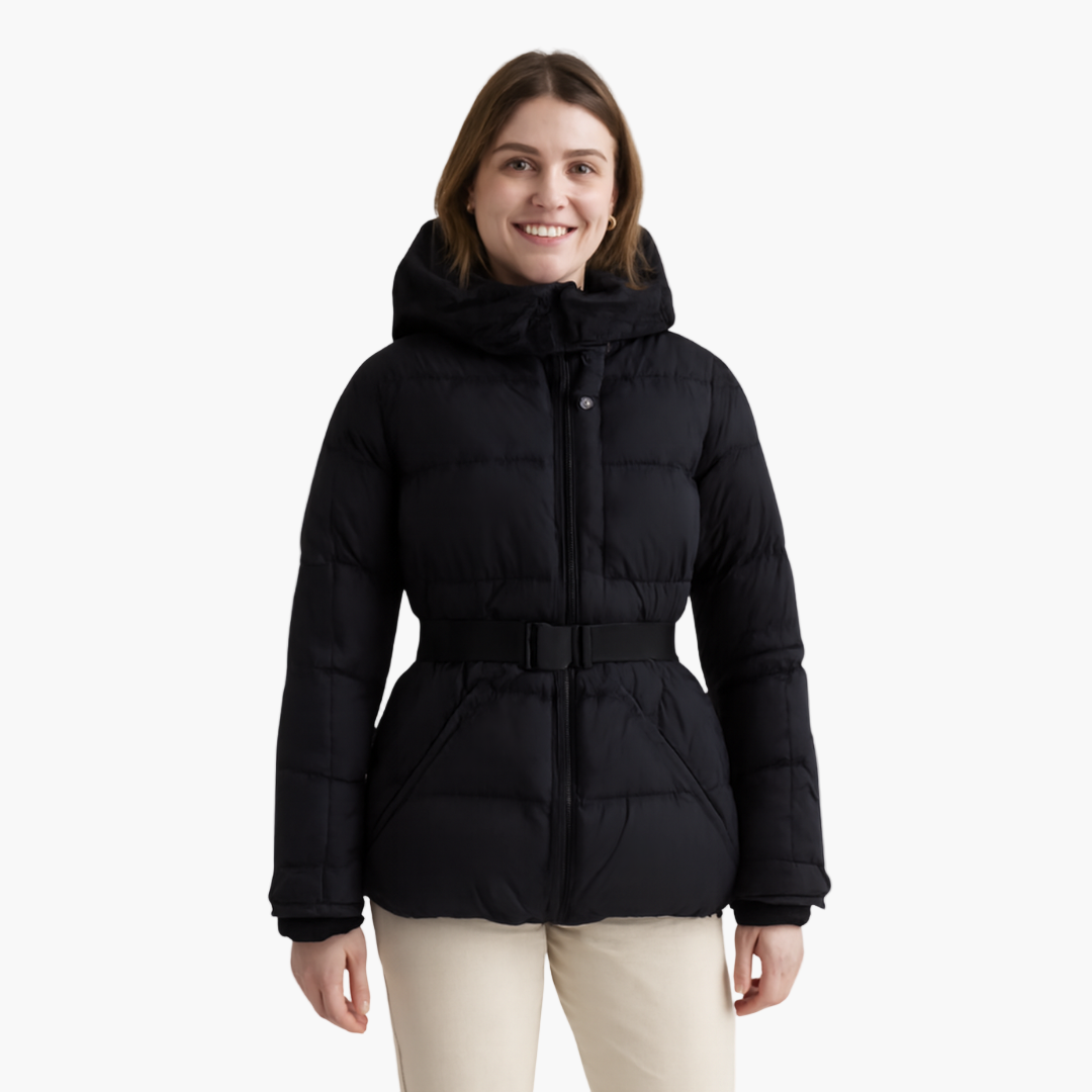 Women's Quilted Winter Coat with Belt and Hood – Stylish Water-Repellent Puffer Jacket for Cold Days