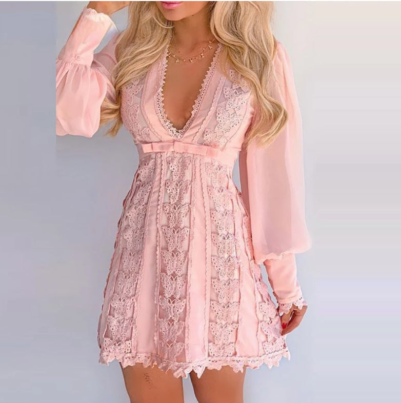 Georgina – Elegant V-Neck Lace Dress with Butterfly Sleeves