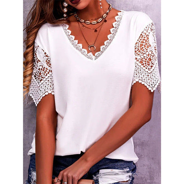 Women's Top with Lace Details – Elegant Summer Blouse with V-Neck