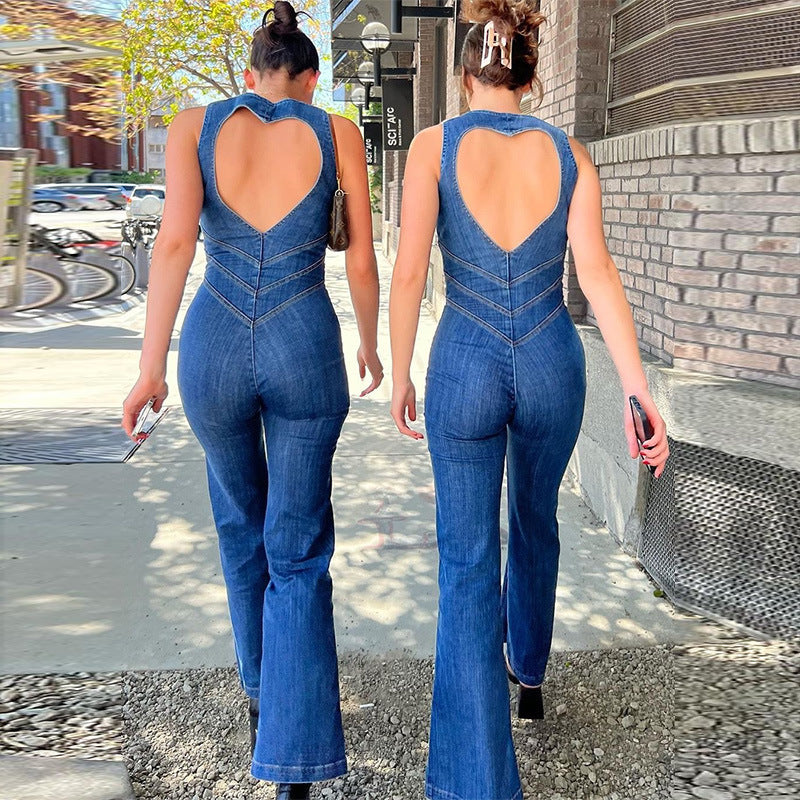Carly – Retro Halter Neck Denim Jumpsuit with High Waist