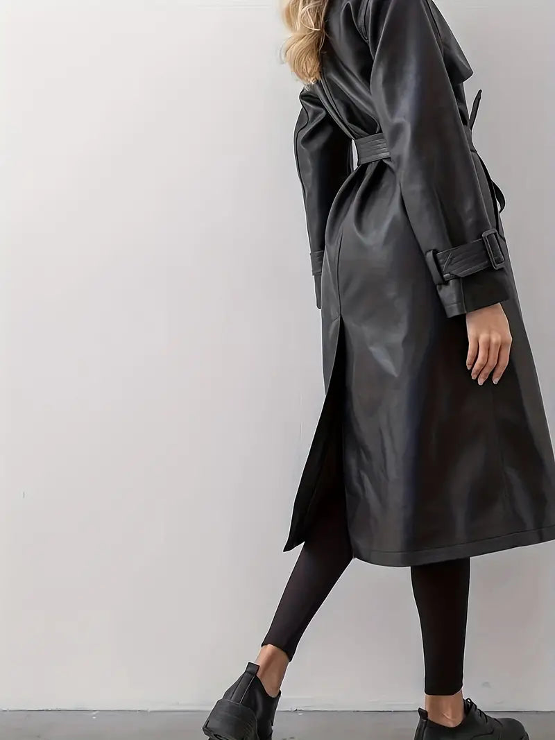 Women's Long Trench Coat – Fashionable Leather Jacket with Belt and Double Closure