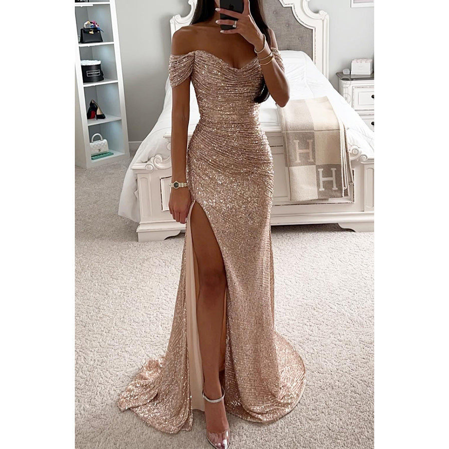 Elegant women's evening dress with off-shoulder fit and high slit
