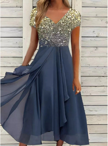 Ladies Elegant Evening Dress with Flower Detail and V-Neck