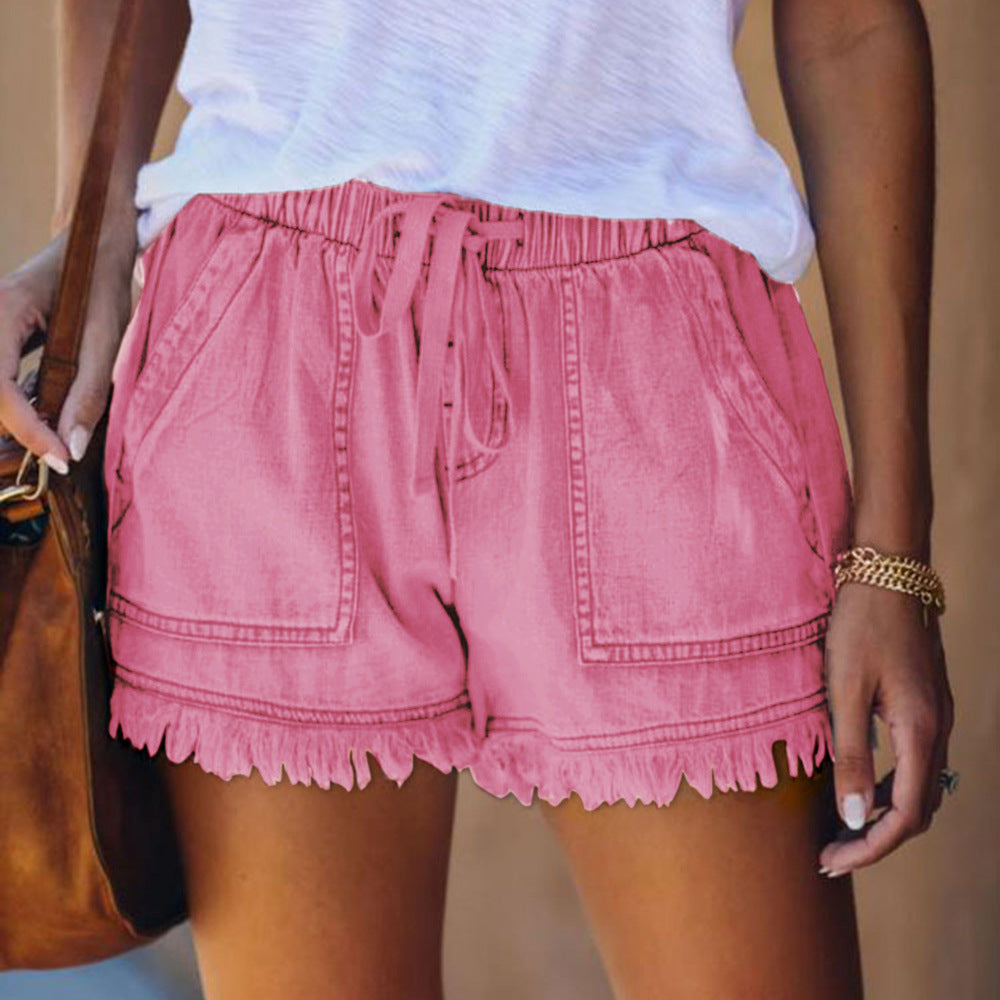 Leslie – Fringe elastic loose jeans shorts