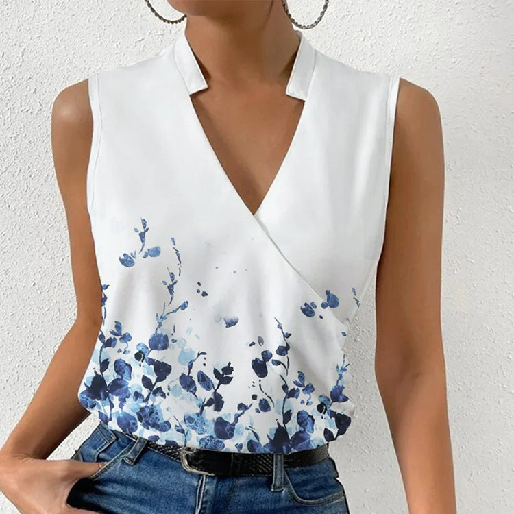 Amelia – Summer Sleeveless V-neck T-shirt with Print