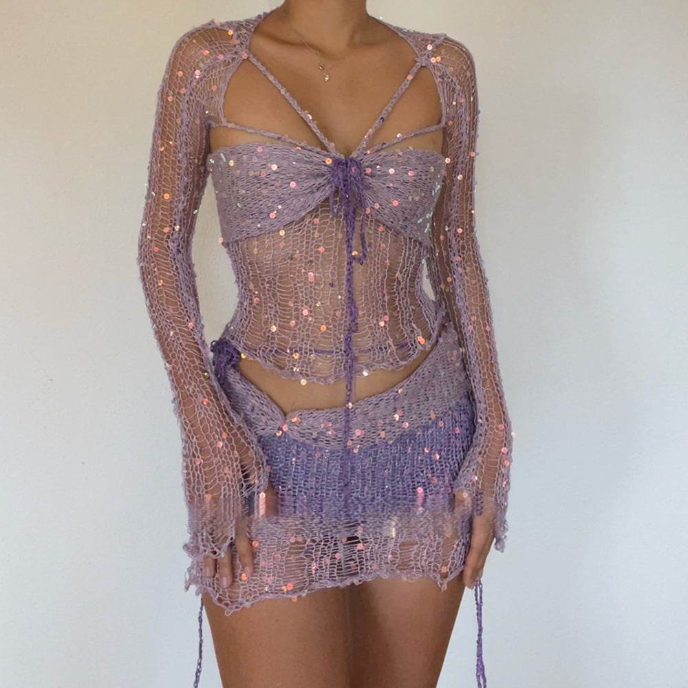 Women's fashionable 2-piece set with glitter accents and mesh effect