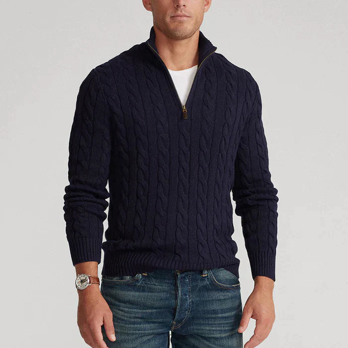 Men's Knitted Sweater with Zipper – Classic Cable Sweater for Style and Comfort