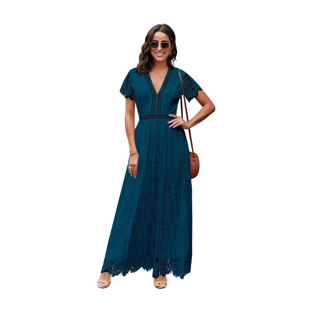 Amelia – Elegant Long Dress with Lace and Short Sleeves