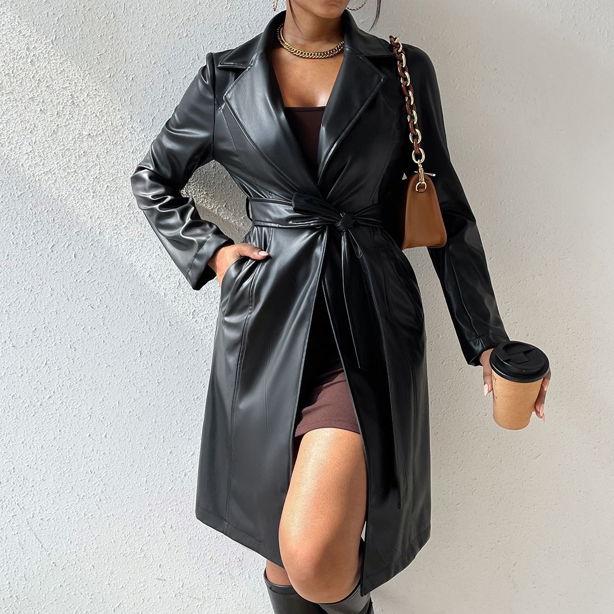 Megan – Long Trench Coat with Vegan Leather and Pockets