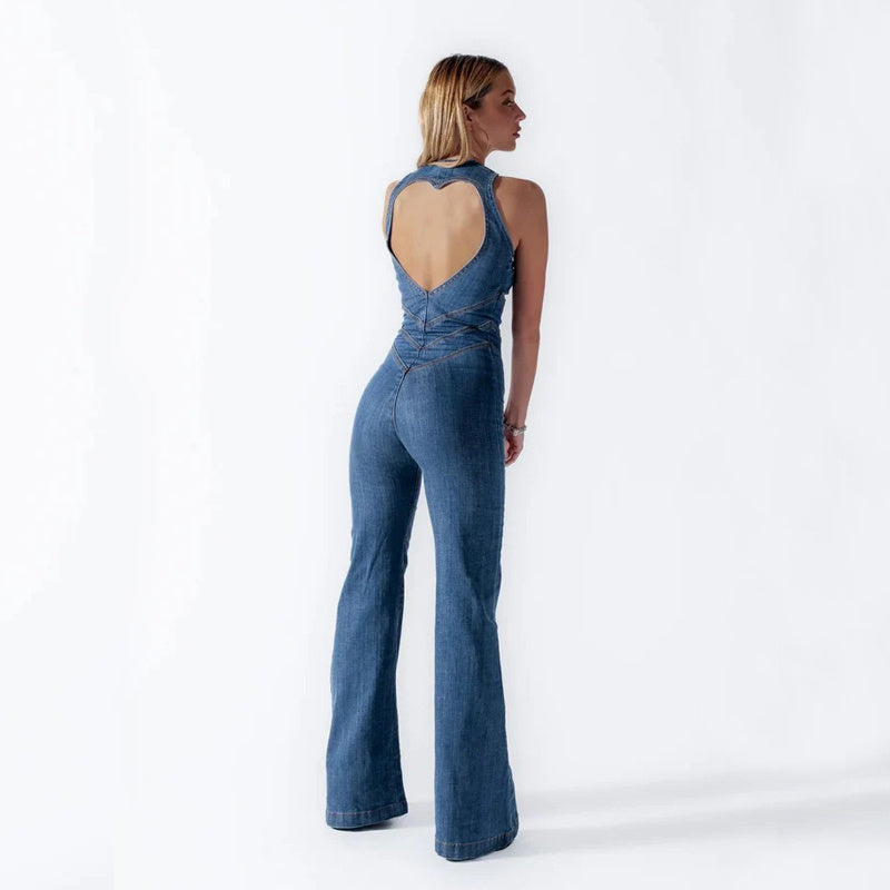 Carly – Retro Halter Neck Denim Jumpsuit with High Waist