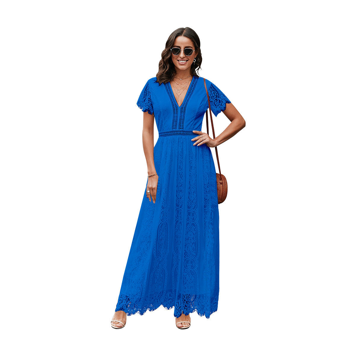 Amelia – Elegant Long Dress with Lace and Short Sleeves