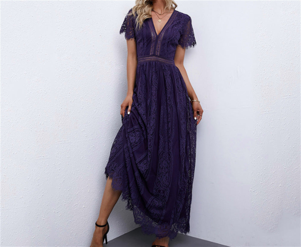 Amelia – Elegant Long Dress with Lace and Short Sleeves