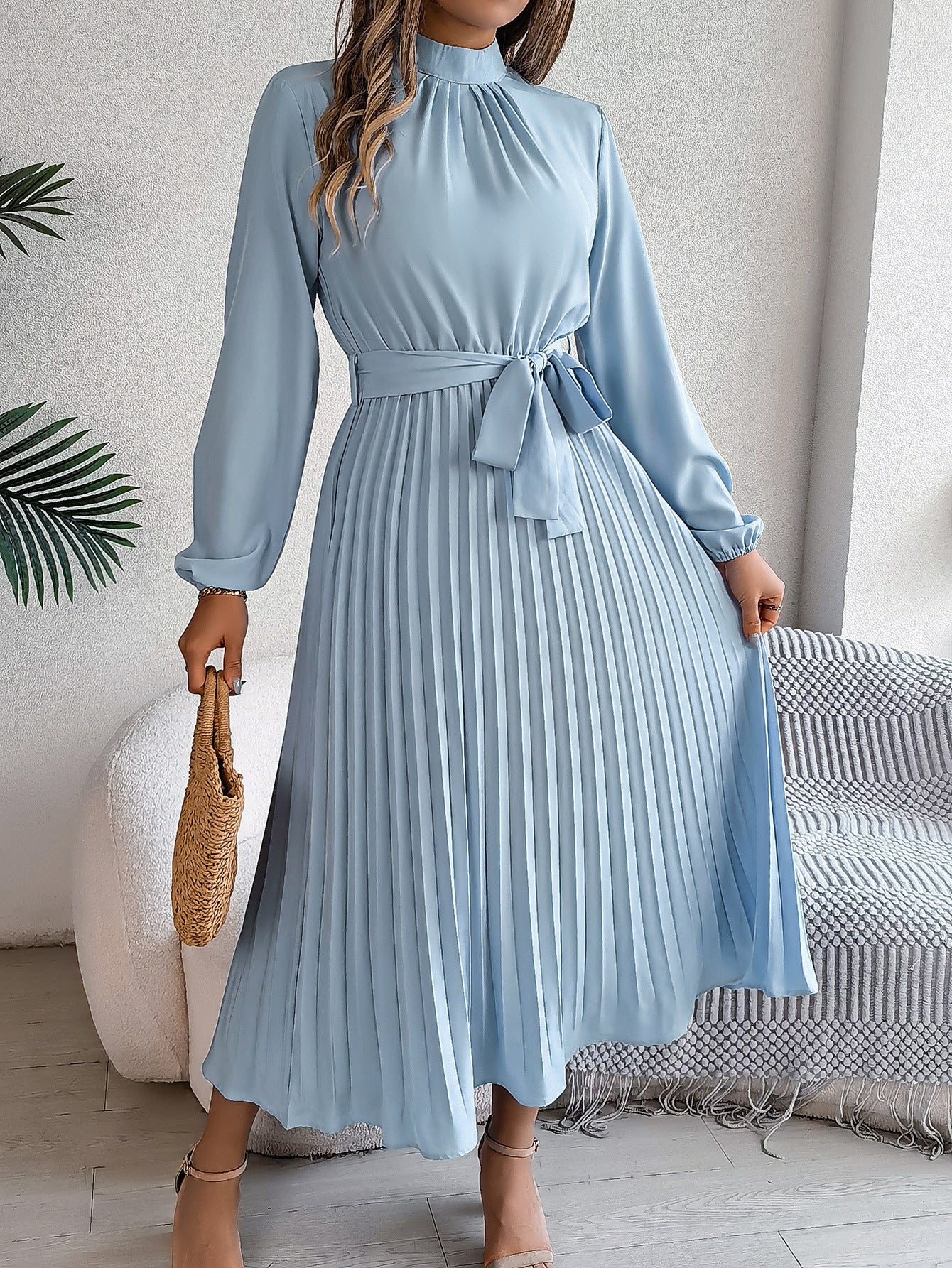 Women's Elegant Pleated Midi Dress with Bow Belt – Timeless Look for Work or Party