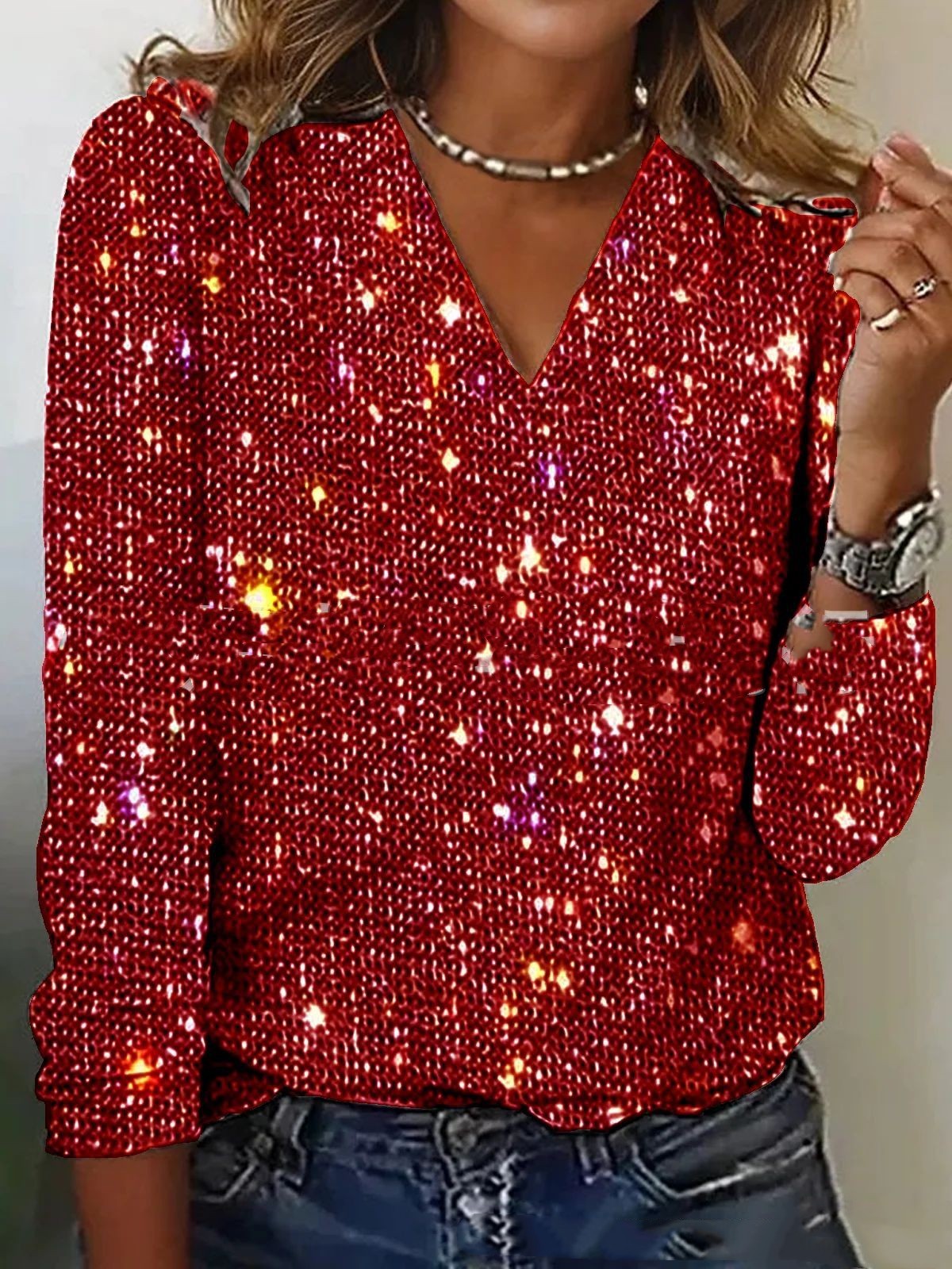 Caroline – Trendy Women's Glitter V-Neck Blouse with Long Sleeves for Spring and Summer