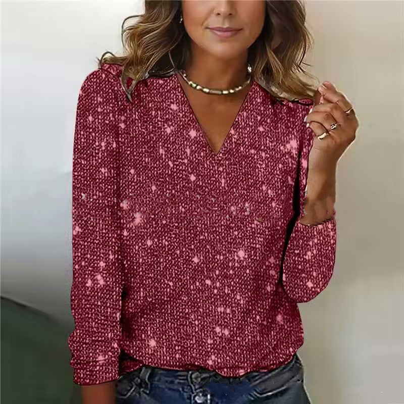 Caroline – Trendy Women's Glitter V-Neck Blouse with Long Sleeves for Spring and Summer