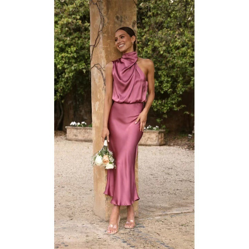 Ladies Elegant Evening Dress with Asymmetric Neckline