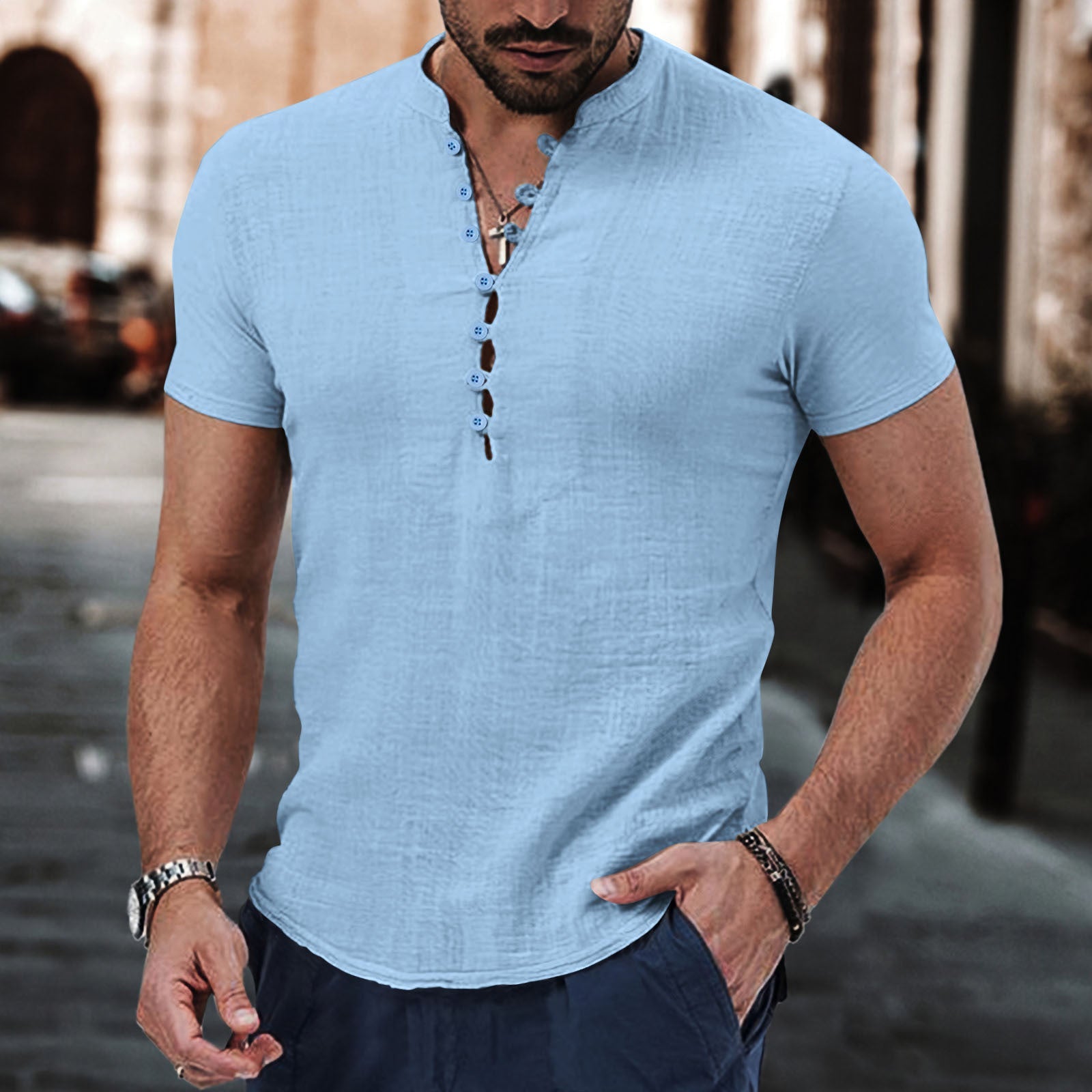 Men's casual T-shirt with button closure and modern fit