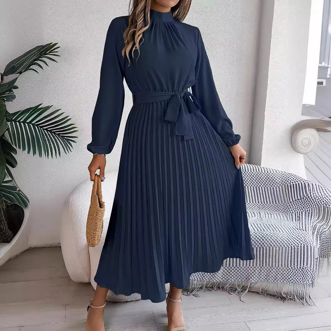 Women's Elegant Pleated Midi Dress with Bow Belt – Timeless Look for Work or Party