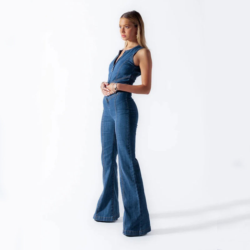 Carly – Retro Halter Neck Denim Jumpsuit with High Waist