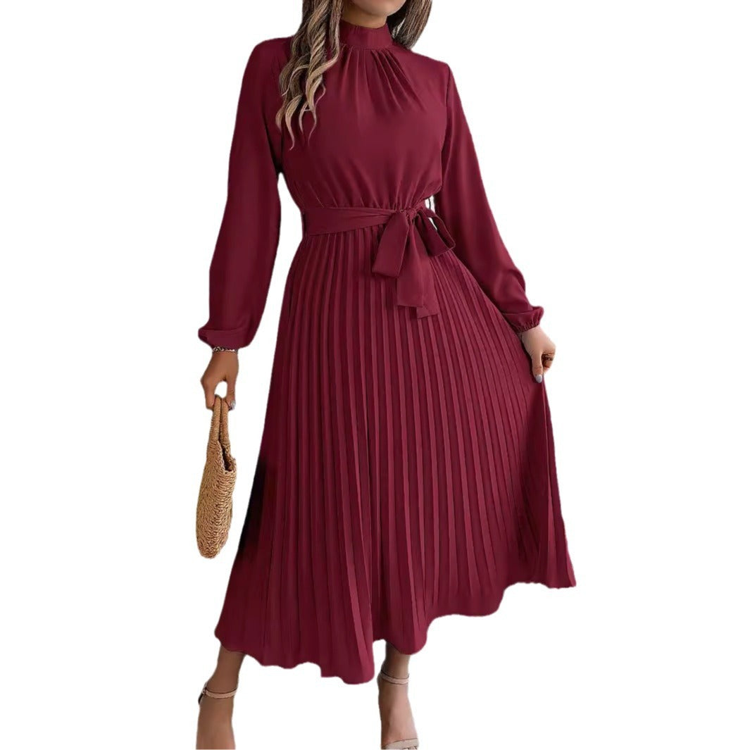 Women's Elegant Pleated Midi Dress with Bow Belt – Timeless Look for Work or Party