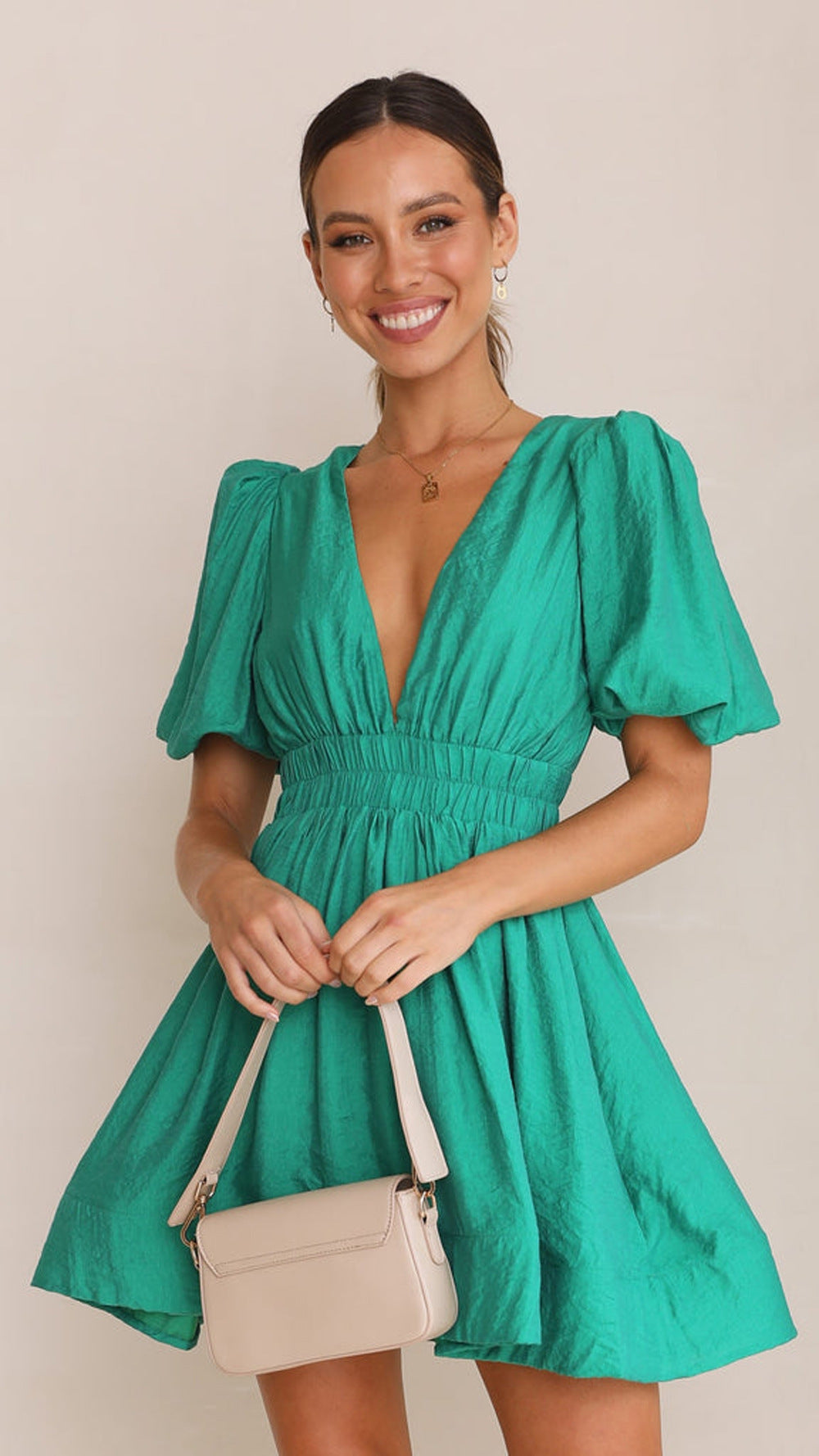 Women's summer dress – Short V-neck dress with waist accent and airy lantern sleeves