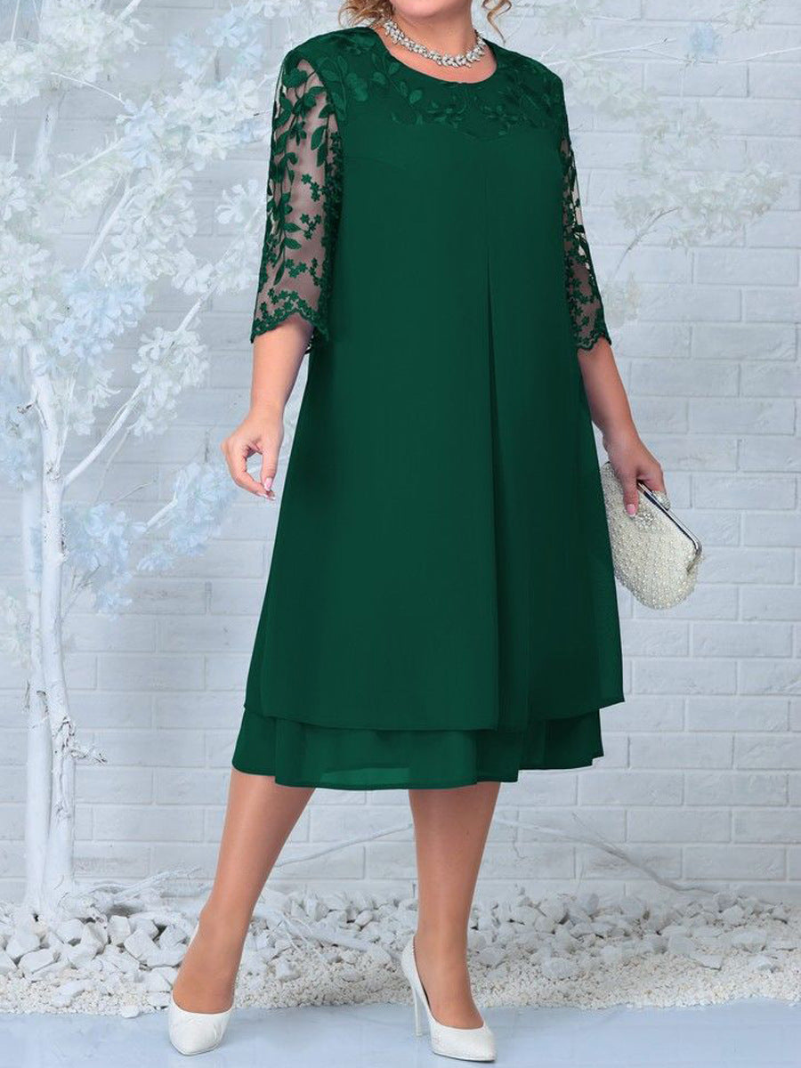 Joan – Embroidered Chiffon Patchwork Dress with Mid-Length Sleeves