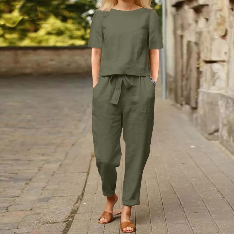 Women's Two-Piece Set with Pants – Minimalist Casual Outfit for Summer and Leisure Time