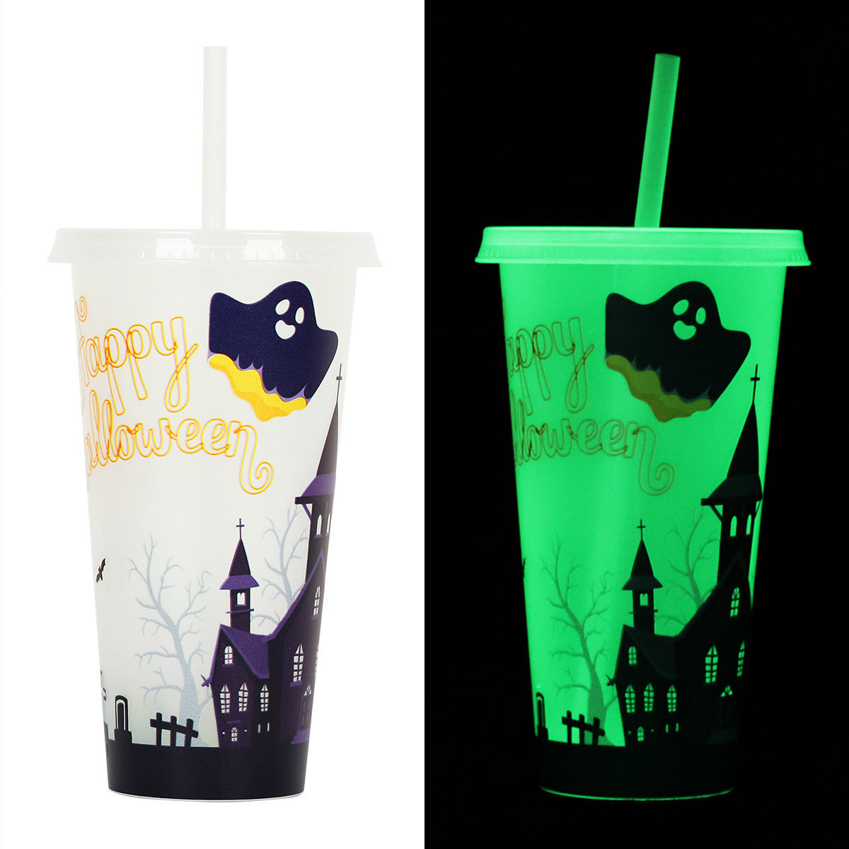 Halloween Glow in the Dark Drink Cups with Straw – Perfect for Party Decoration & Spooky Drinks