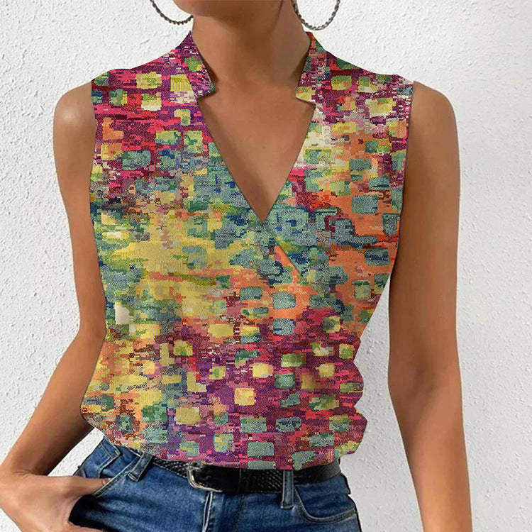 Amelia – Summer Sleeveless V-neck T-shirt with Print